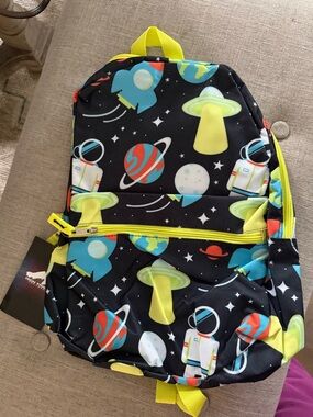 Kids Space Print Backpack in Black and Neon Yellow